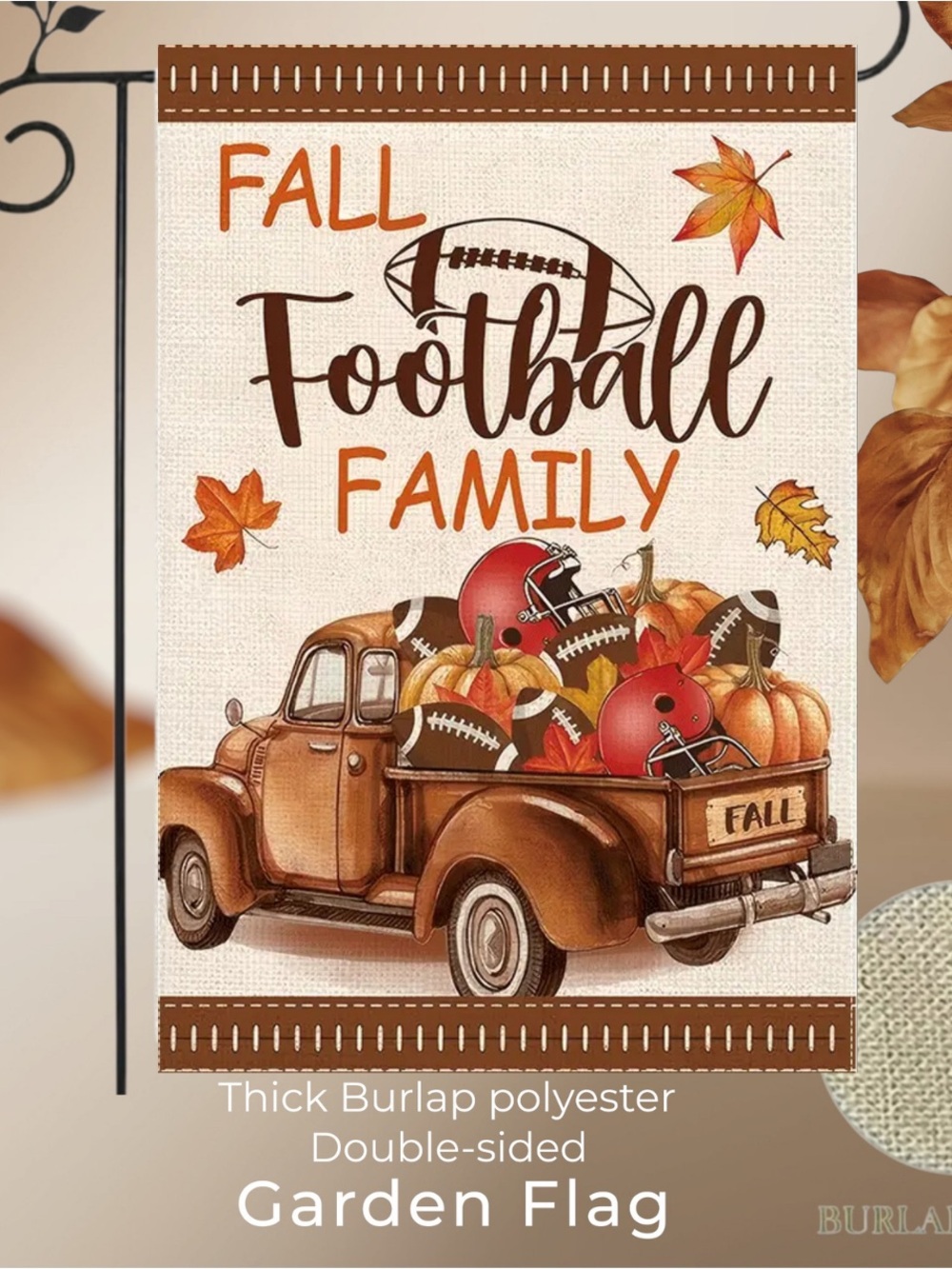 Fall Football Family Garden Flag, approximately 12x18, Burlap Polyester